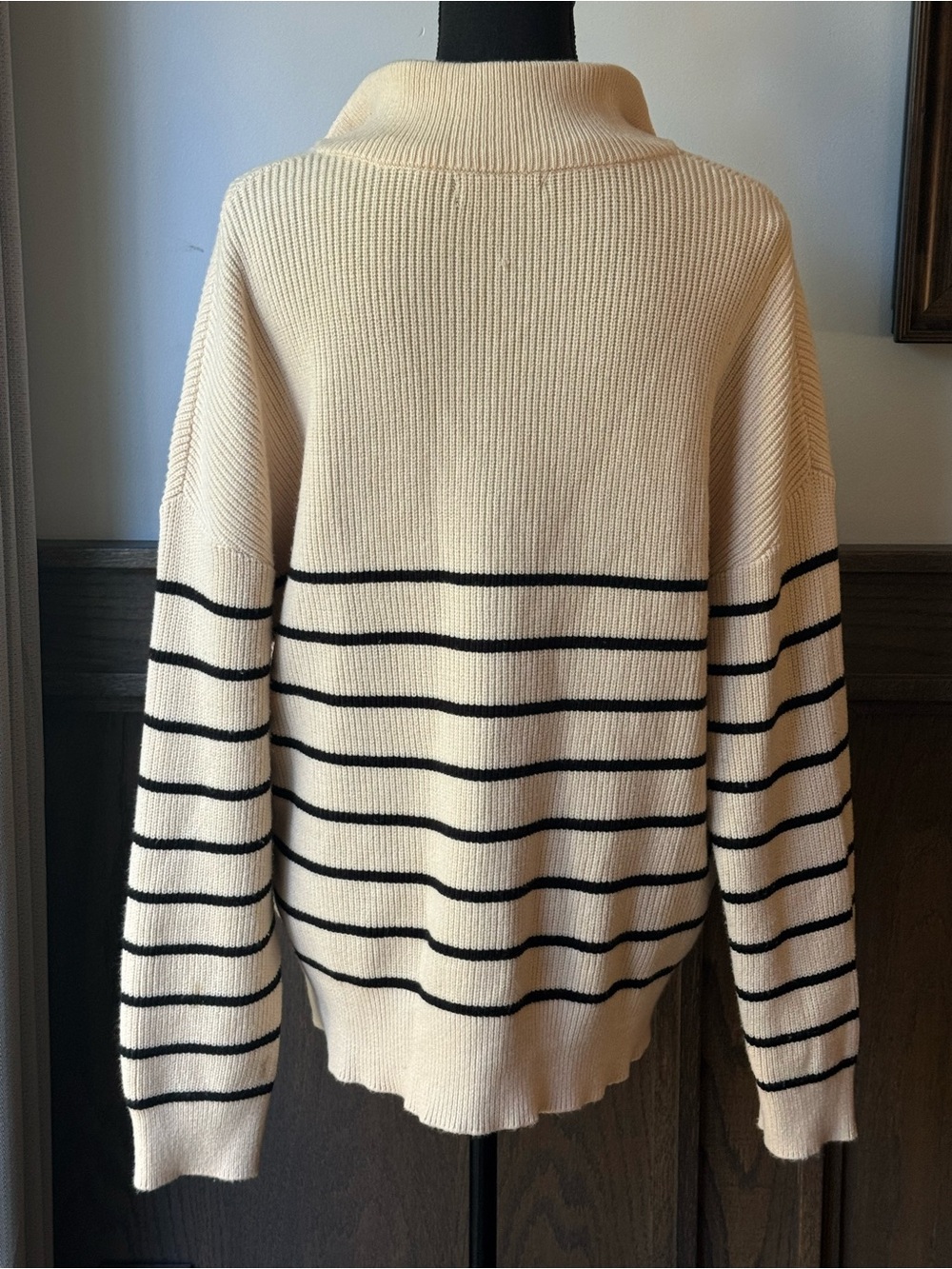 Quarter-Zip Striped Turtleneck Sweater - Cream/Black - Picture 5 of 8